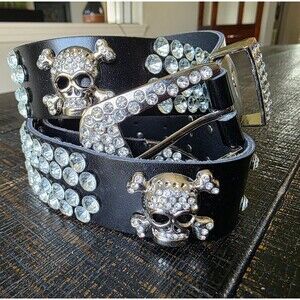 Rhinestone Skull Studded Black Silver Belt Y2K McBling Goth Punk Rock 43'L